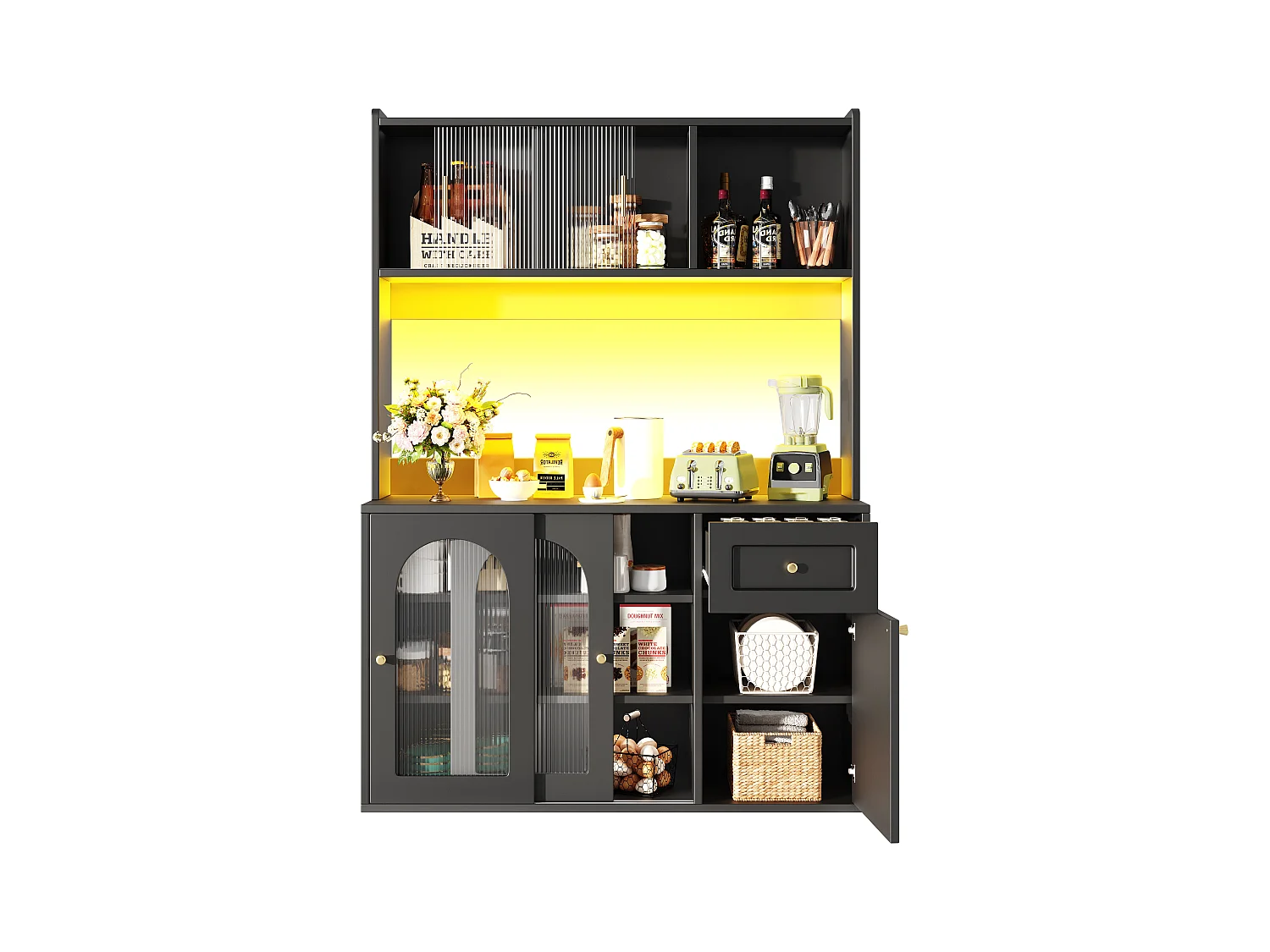 Buffet de cuisine 120x35x167cm - avec éclairage LED - 1 tiroir et 5 portes - étagères réglables - noir