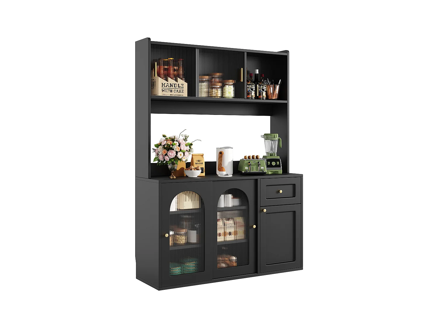 Buffet de cuisine 120x35x167cm - avec éclairage LED - 1 tiroir et 5 portes - étagères réglables - noir