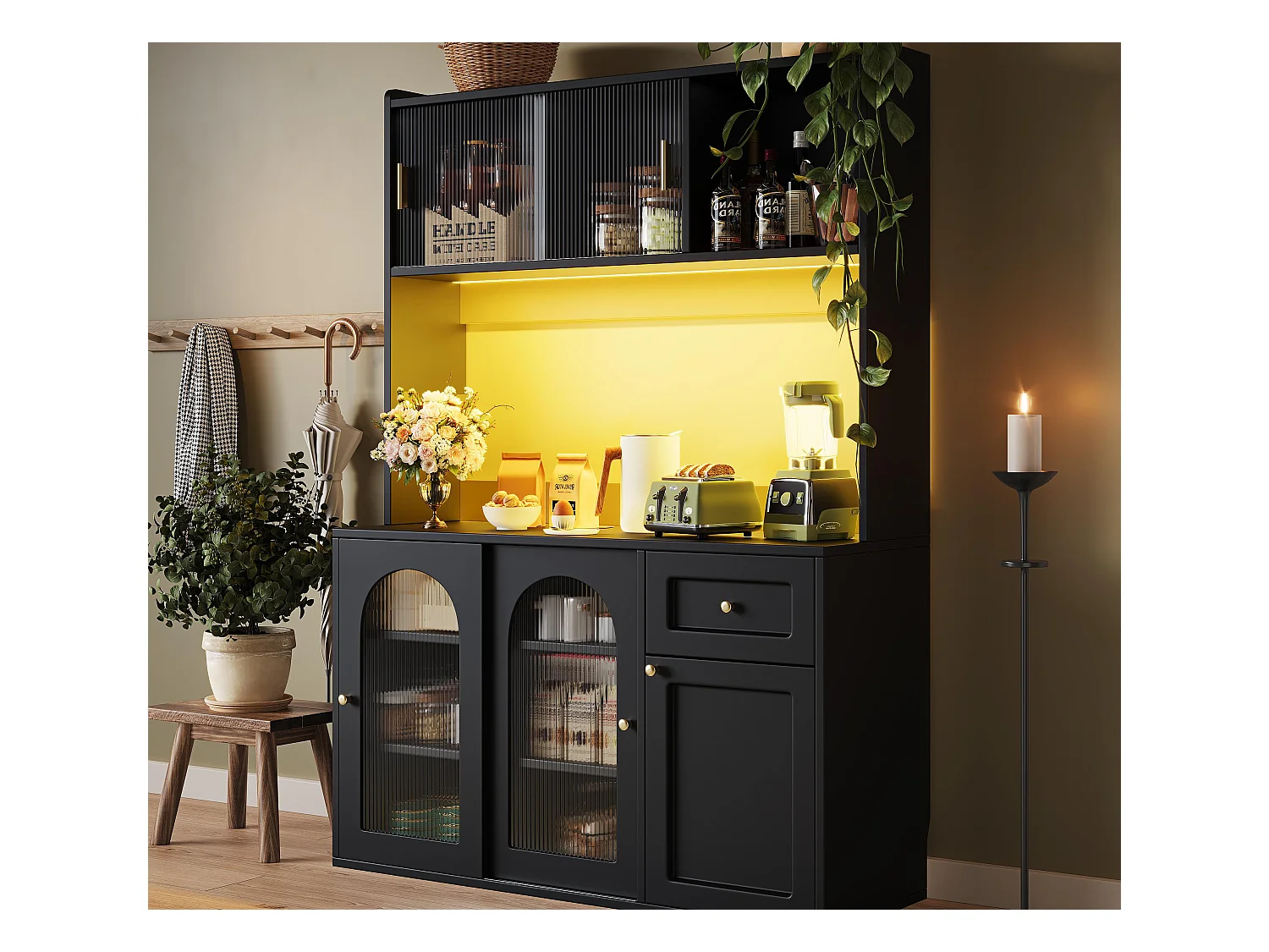 Küchenbuffet 120×35×167 cm - mit LED-Beleuchtung - 1 Schublade und 5 Türen - höhenverstellbare Fächer - schwarz