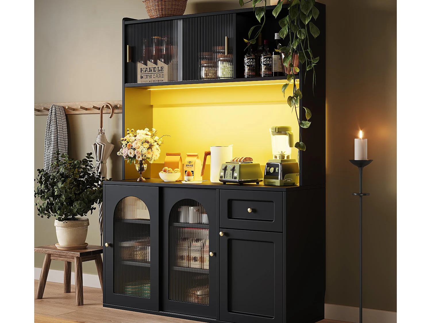 Credenza da cucina 120×35×167 cm - con illuminazione LED - 1 cassetto e 5 ante - ripiani regolabili - nero