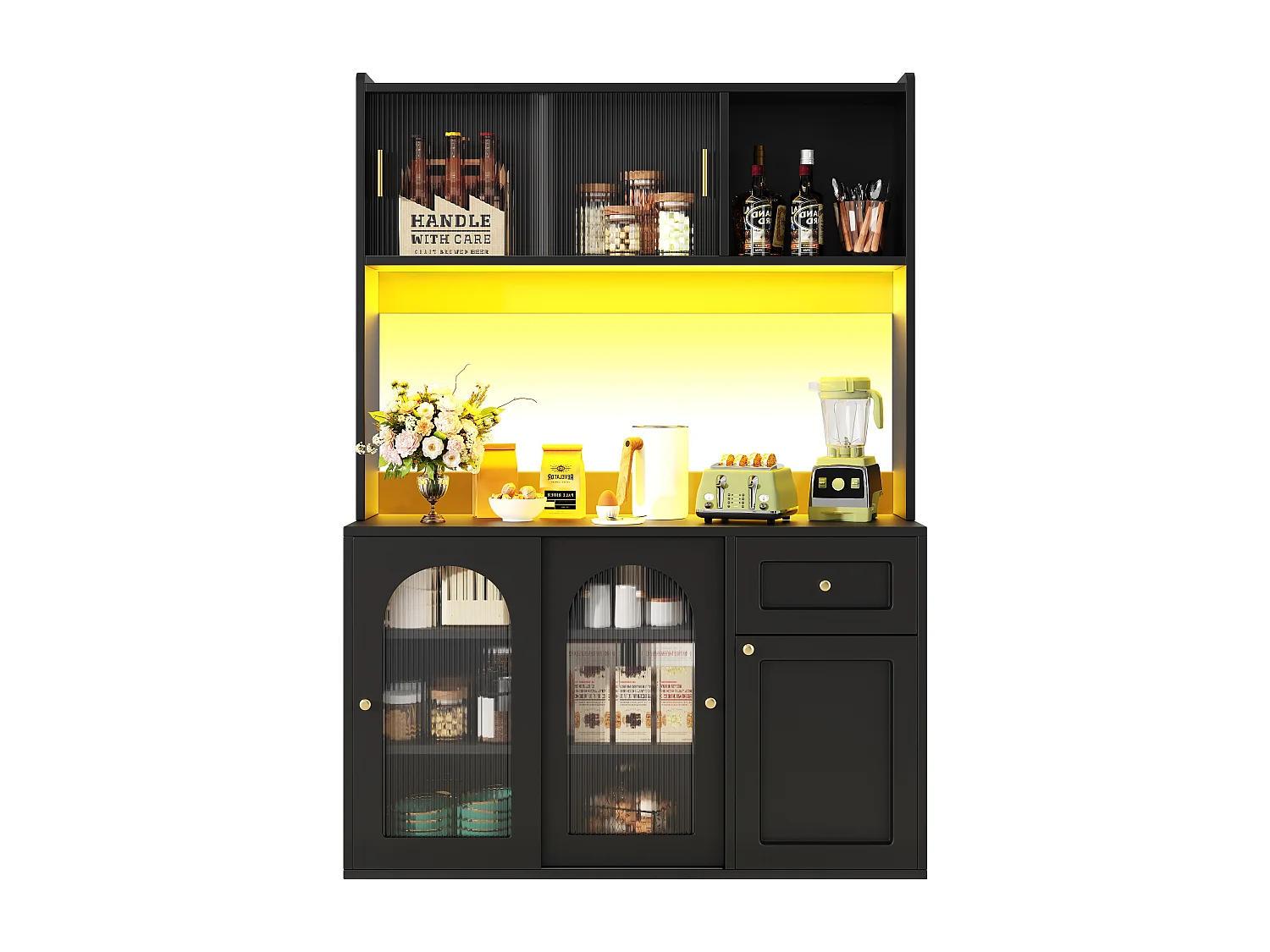 Credenza da cucina 120×35×167 cm - con illuminazione LED - 1 cassetto e 5 ante - ripiani regolabili - nero