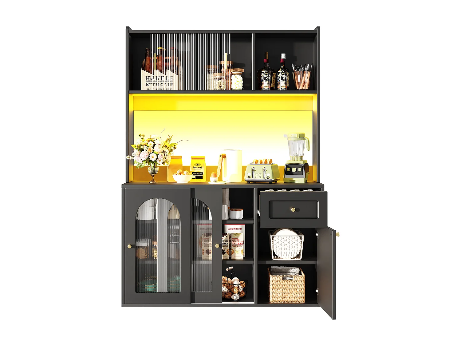 Credenza da cucina 120×35×167 cm - con illuminazione LED - 1 cassetto e 5 ante - ripiani regolabili - nero