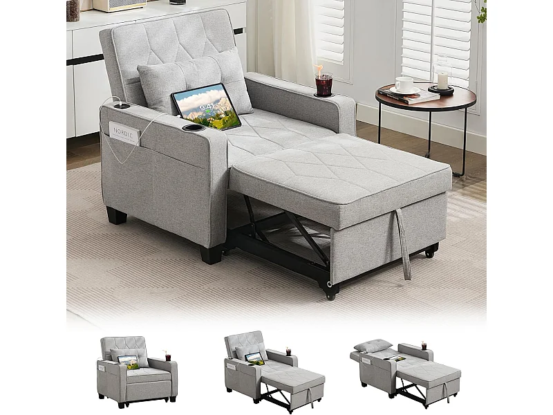Canapé Convertible 3 en 1 Fauteuil-lit avec Fonction Lit avec Coussin et Sac Convertible Canapés pour Salon Cadre en Bois Fauteuil Style Moderne Gris