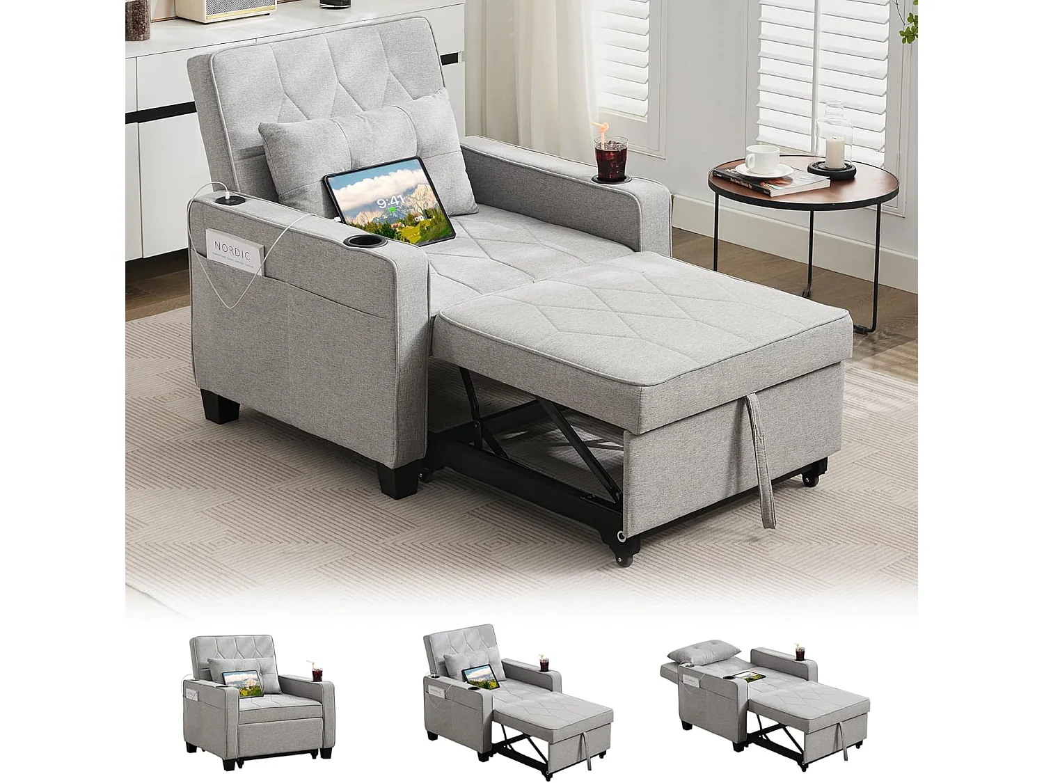 Canapé Convertible 3 en 1 Fauteuil-lit avec Fonction Lit avec Coussin et Sac Convertible Canapés pour Salon Cadre en Bois Fauteuil Style Moderne Gris
