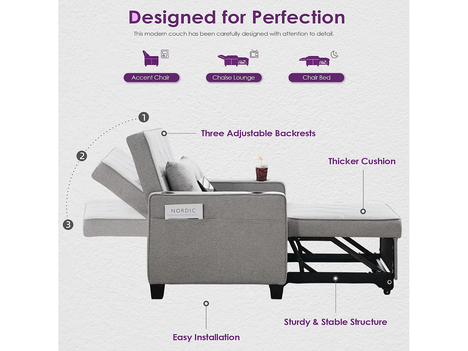 Canapé Convertible 3 en 1 Fauteuil-lit avec Fonction Lit avec Coussin et Sac Convertible Canapés pour Salon Cadre en Bois Fauteuil Style Moderne Gris