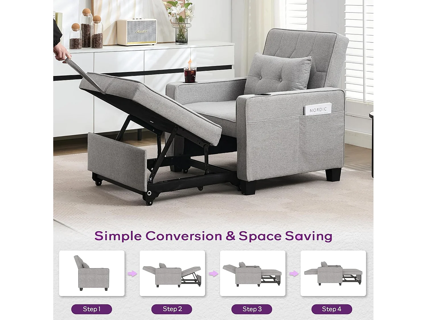 Canapé Convertible 3 en 1 Fauteuil-lit avec Fonction Lit avec Coussin et Sac Convertible Canapés pour Salon Cadre en Bois Fauteuil Style Moderne Gris