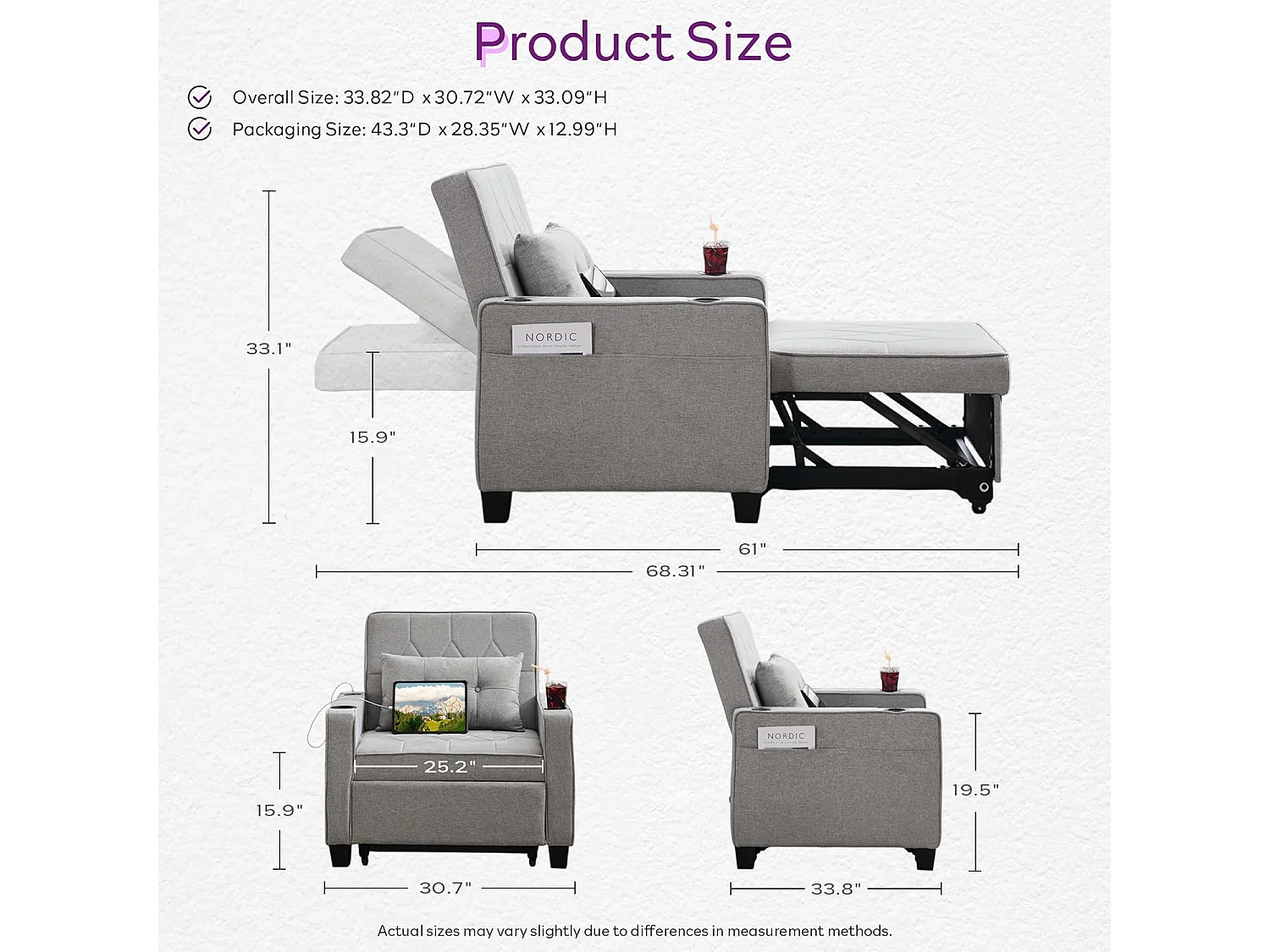 Canapé Convertible 3 en 1 Fauteuil-lit avec Fonction Lit avec Coussin et Sac Convertible Canapés pour Salon Cadre en Bois Fauteuil Style Moderne Gris