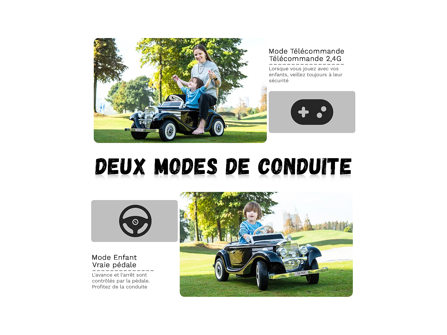 Coche Eléctrico Retro para Niños - ORYXEARTH - Negro - Batería 12V - Velocidad 3-6 km/h