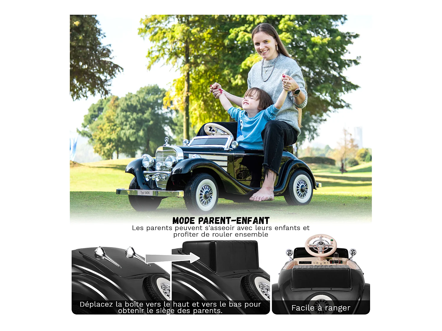 Coche Eléctrico Retro para Niños - ORYXEARTH - Negro - Batería 12V - Velocidad 3-6 km/h