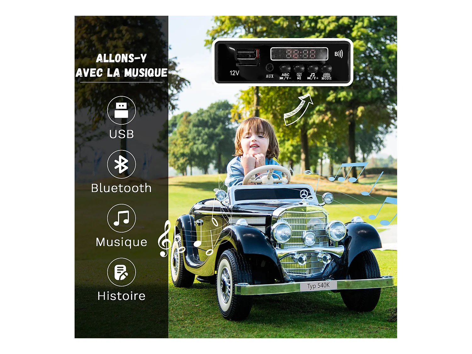 Coche Eléctrico Retro para Niños - ORYXEARTH - Negro - Batería 12V - Velocidad 3-6 km/h