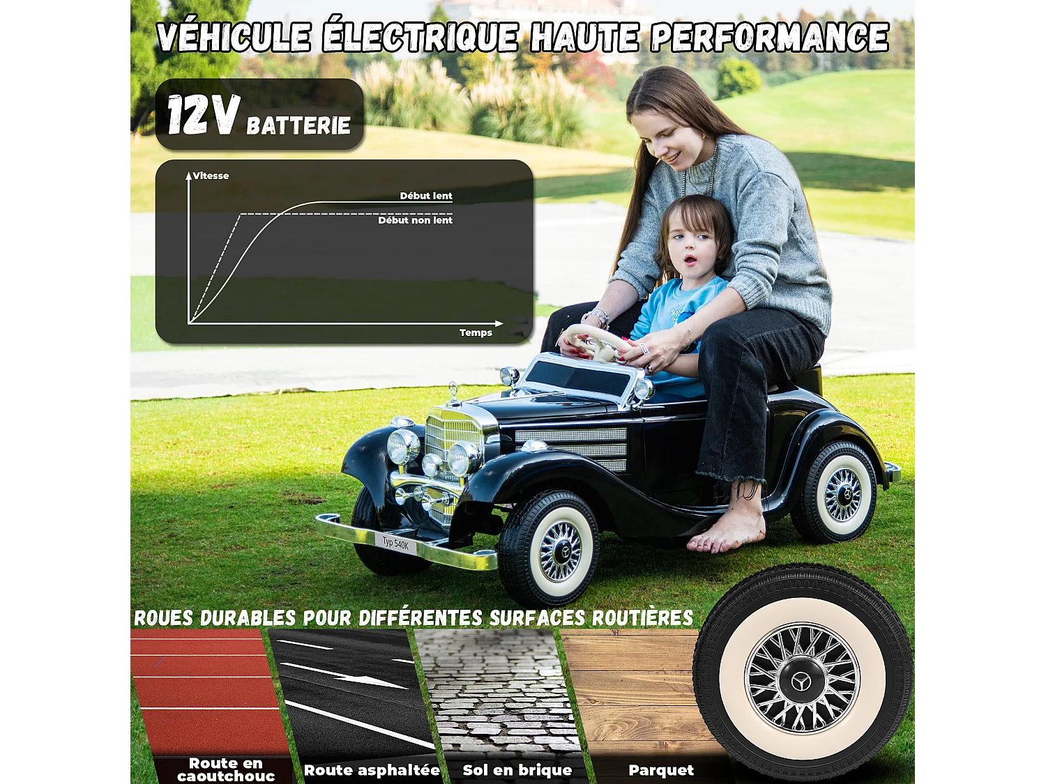 Coche Eléctrico Retro para Niños - ORYXEARTH - Negro - Batería 12V - Velocidad 3-6 km/h