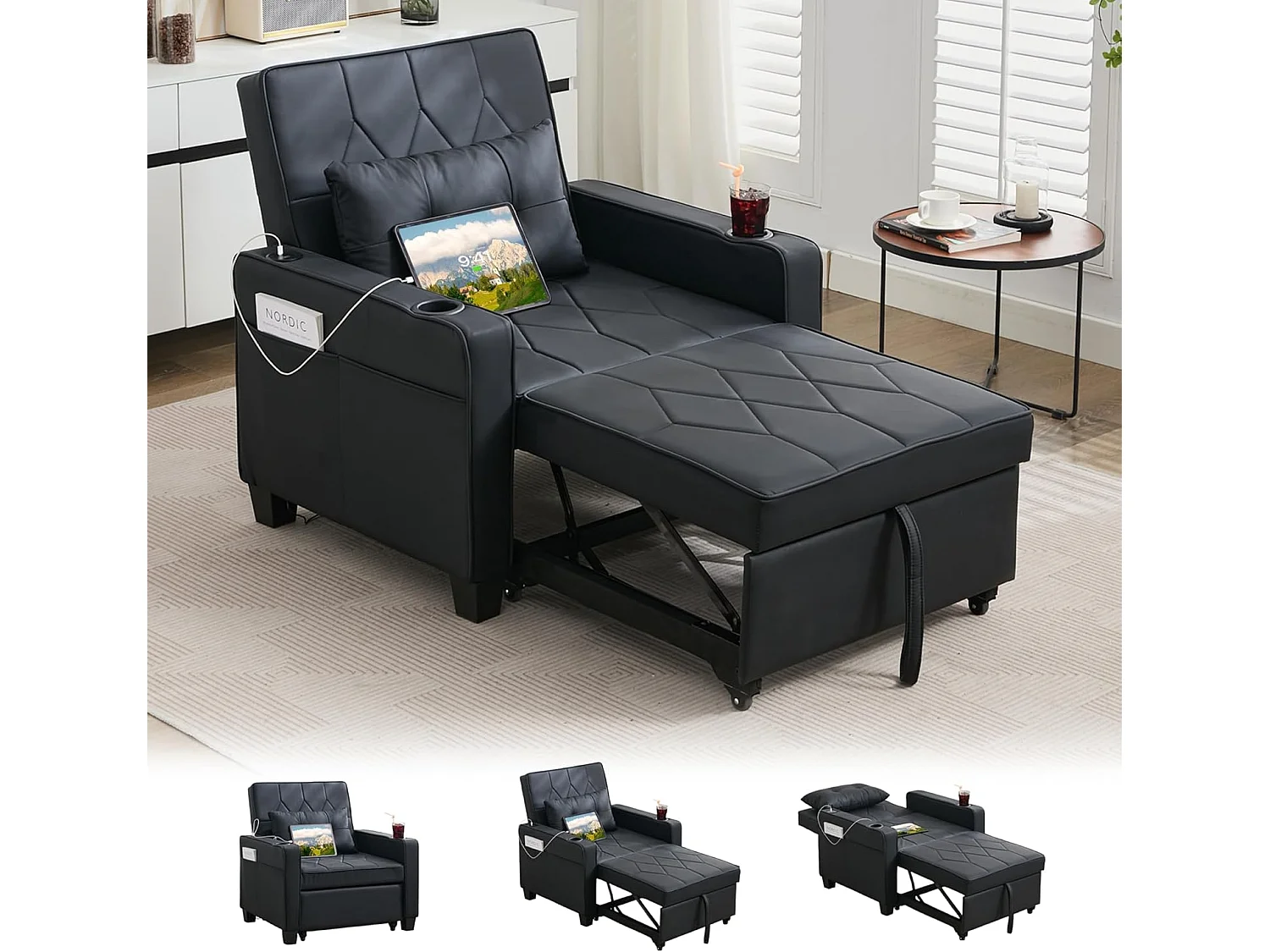 Canapé Convertible 3 en 1 Fauteuil-lit avec Fonction Lit avec Coussin et Sac Convertible Canapés pour Salon Cadre en Bois Fauteuil Style Moderne Noir