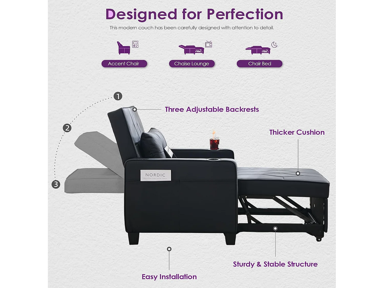 Canapé Convertible 3 en 1 Fauteuil-lit avec Fonction Lit avec Coussin et Sac Convertible Canapés pour Salon Cadre en Bois Fauteuil Style Moderne Noir