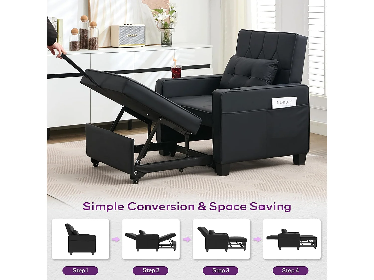 Canapé Convertible 3 en 1 Fauteuil-lit avec Fonction Lit avec Coussin et Sac Convertible Canapés pour Salon Cadre en Bois Fauteuil Style Moderne Noir