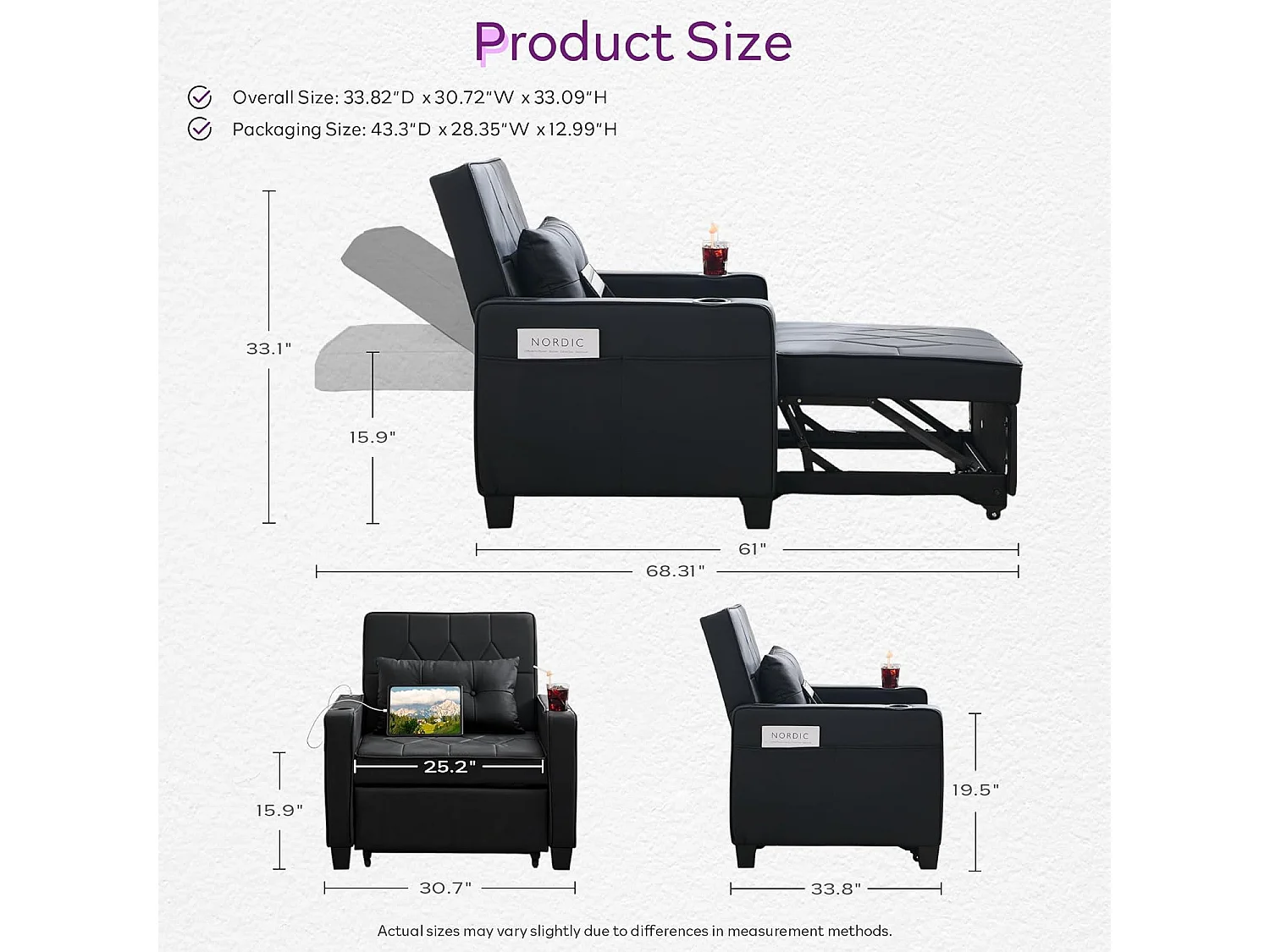 Canapé Convertible 3 en 1 Fauteuil-lit avec Fonction Lit avec Coussin et Sac Convertible Canapés pour Salon Cadre en Bois Fauteuil Style Moderne Noir