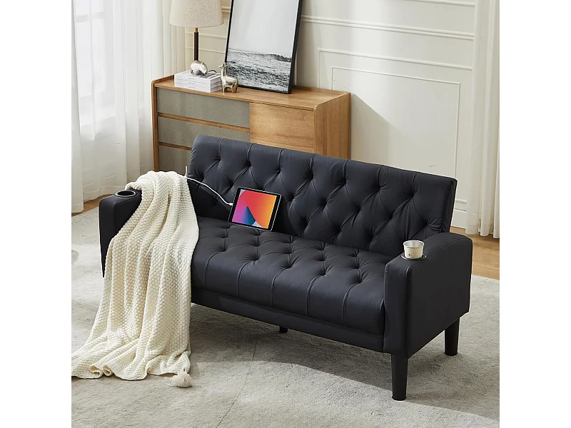 Canapé 2 Places Style moderne Petit Canapé-lit Confort Canapé Droit en Bois Massif Canapé pour salon Noir