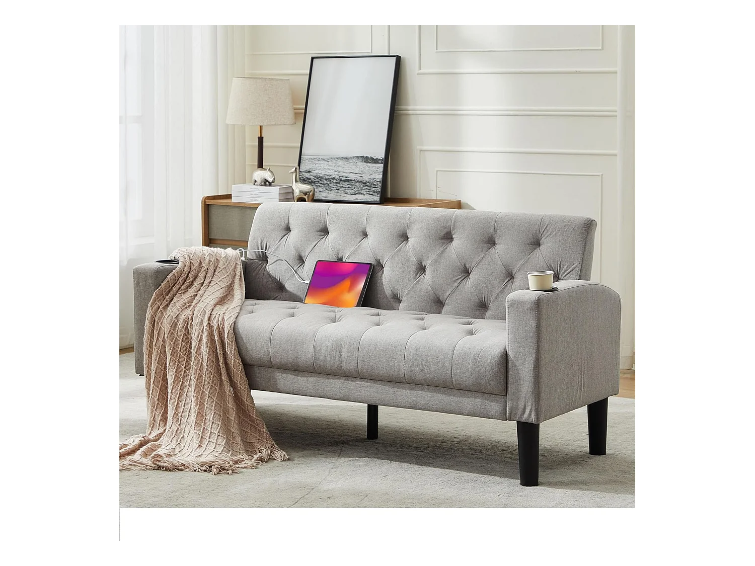 Canapé 2 Places Style moderne Petit Canapé-lit Confort Canapé Droit en Bois Massif Canapé pour salon Gris clair