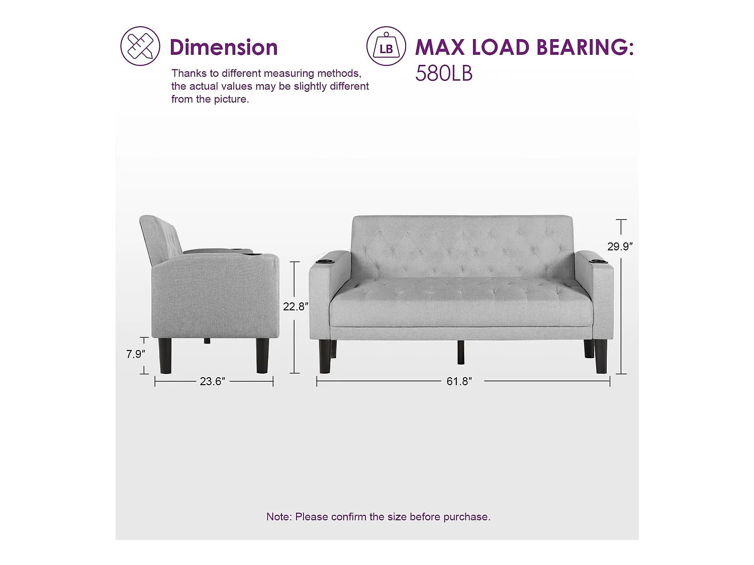 Canapé 2 Places Style moderne Petit Canapé-lit Confort Canapé Droit en Bois Massif Canapé pour salon Gris clair