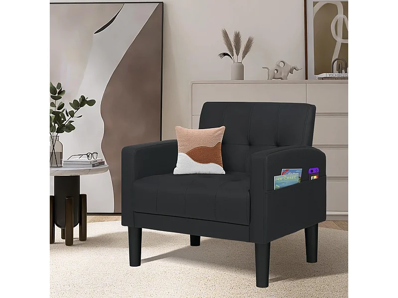 Fauteuil de Salon Style Mid-century Canapé 1 Place avec Coussins Confortable Fauteuil Relax pour Salon Cadre en Bois Fauteuil (Noir)