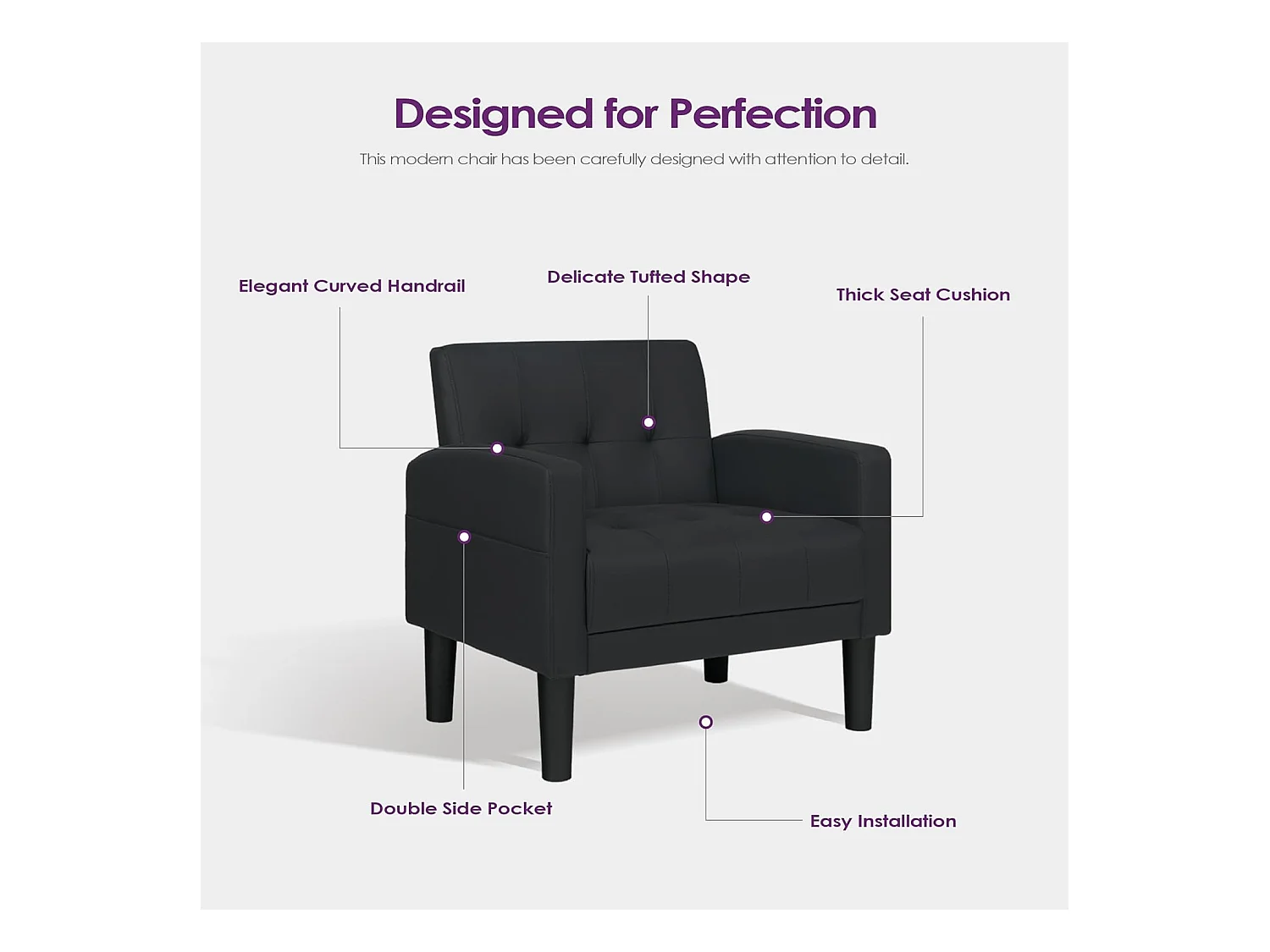 Fauteuil de Salon Style Mid-century Canapé 1 Place avec Coussins Confortable Fauteuil Relax pour Salon Cadre en Bois Fauteuil (Noir)