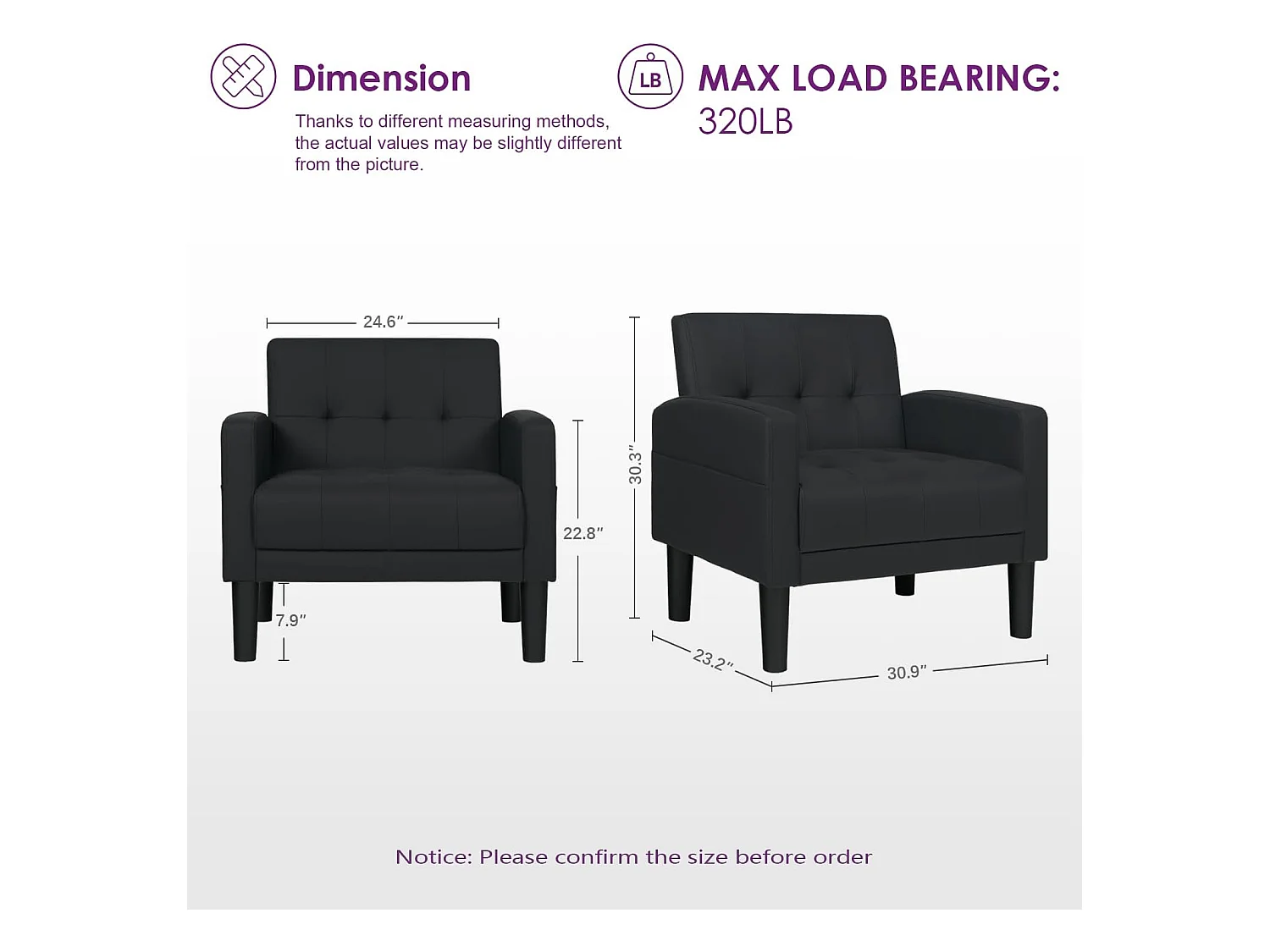 Fauteuil de Salon Style Mid-century Canapé 1 Place avec Coussins Confortable Fauteuil Relax pour Salon Cadre en Bois Fauteuil (Noir)