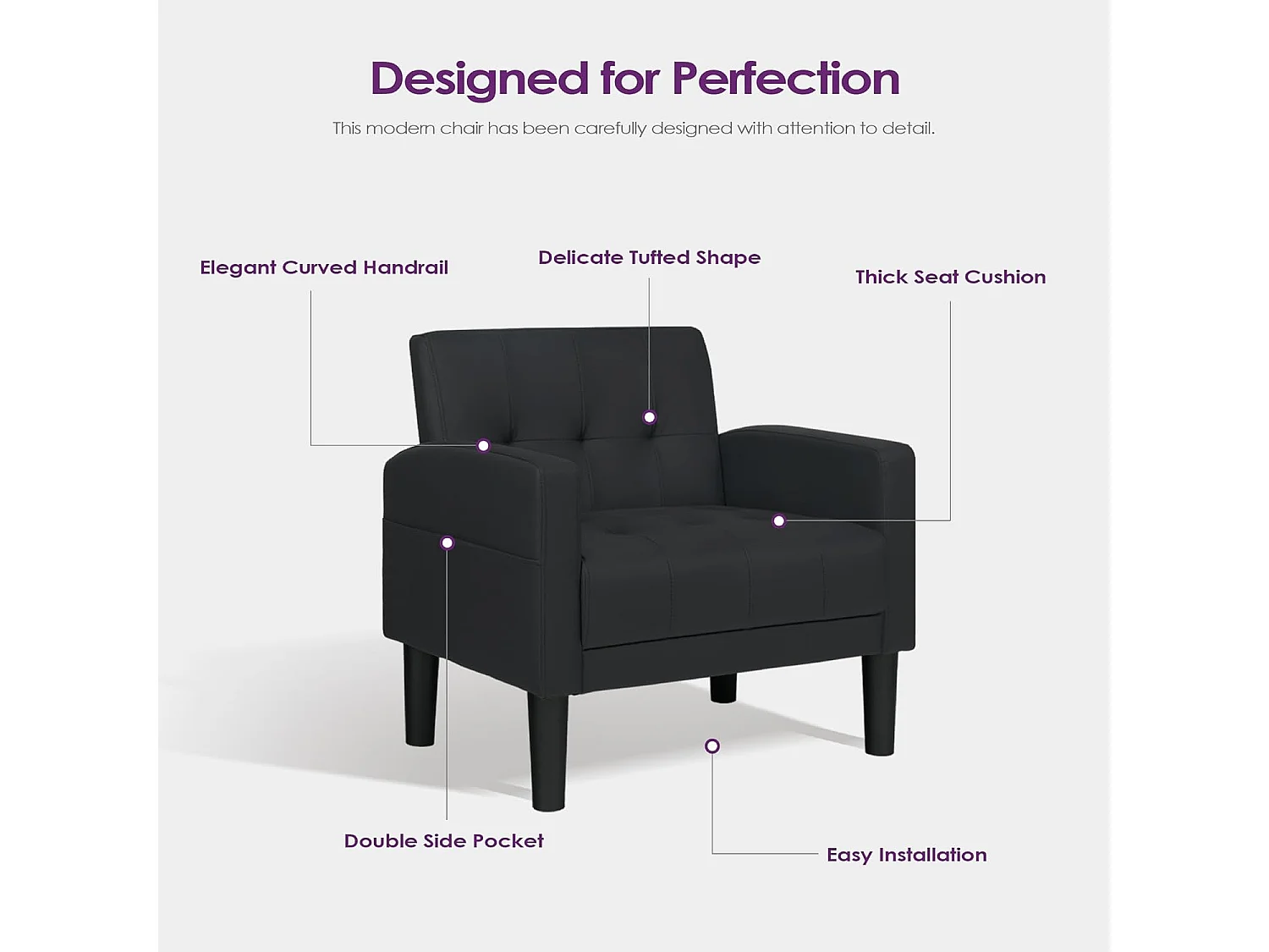 Fauteuil de Salon Style Mid-century Canapé 1 Place avec Coussins Confortable Fauteuil Relax pour Salon Cadre en Bois Fauteuil (Noir)