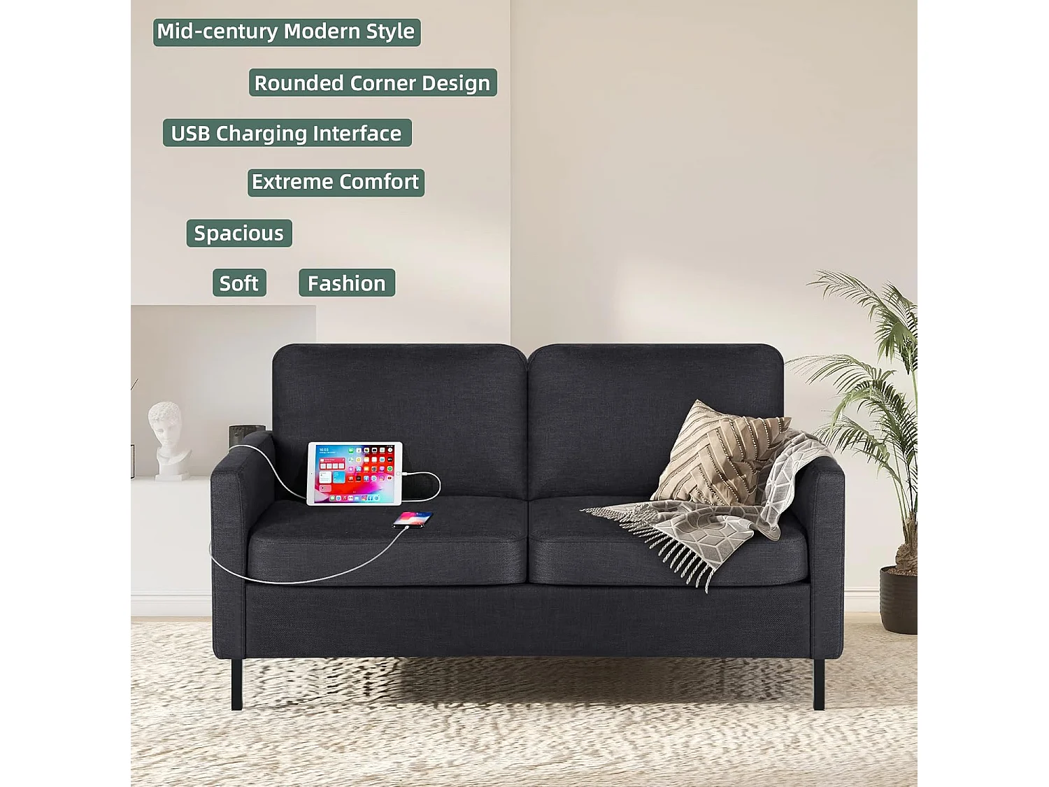 Canapé 2 Places Canapé-lit avec Fonction de Couchage Canapé Convertible Canapés avec Dossier réglable en Tissu Style Simple Gris foncé