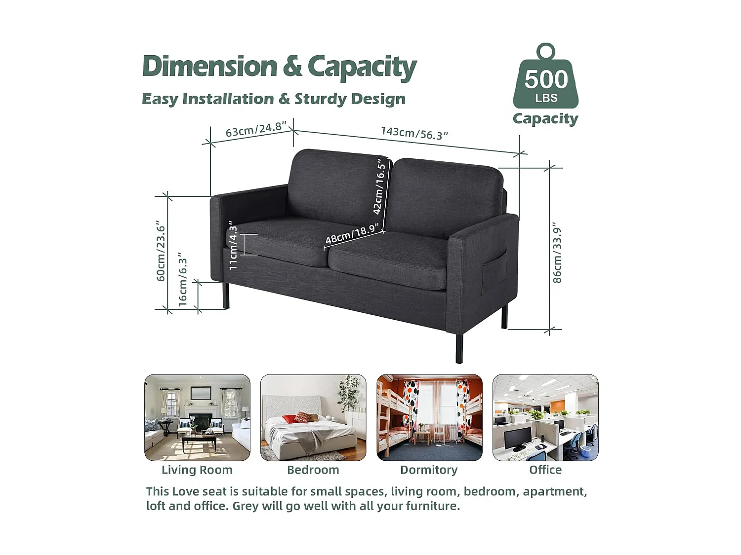 Canapé 2 Places Canapé-lit avec Fonction de Couchage Canapé Convertible Canapés avec Dossier réglable en Tissu Style Simple Gris foncé