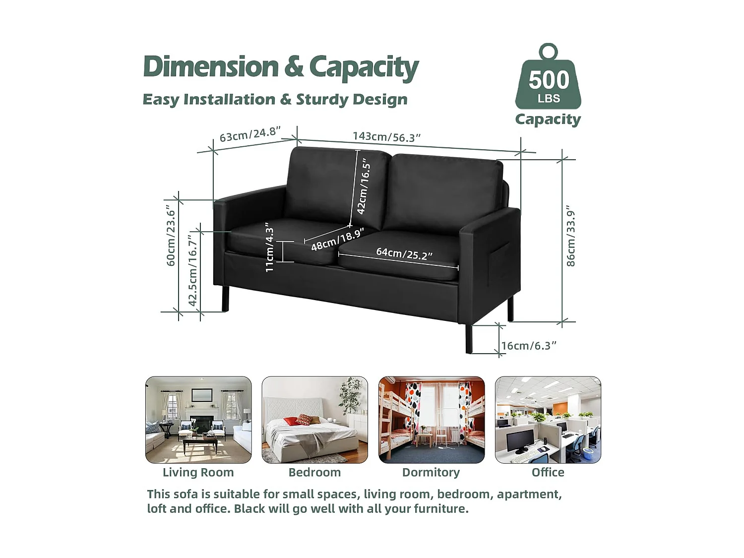 Canapé 2 Places Canapé-lit avec Fonction de Couchage Canapé Convertible Canapés avec Dossier réglable en Tissu Style Simple Noir