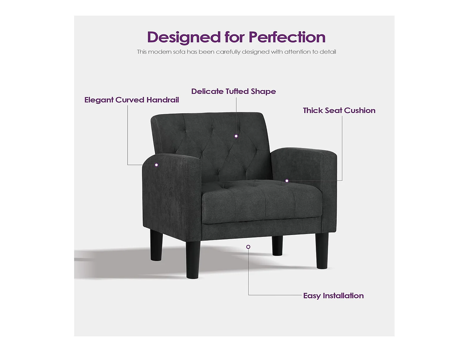 Fauteuil de Salon Moderne Canapé 1 Place avec Coussins Confortable Fauteuil Relax pour Salon Cadre en Bois Fauteuil (Gris foncé)