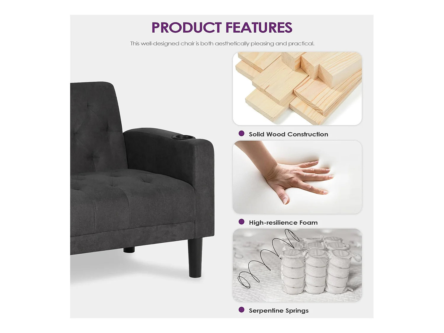 Fauteuil de Salon Moderne Canapé 1 Place avec Coussins Confortable Fauteuil Relax pour Salon Cadre en Bois Fauteuil (Gris foncé)