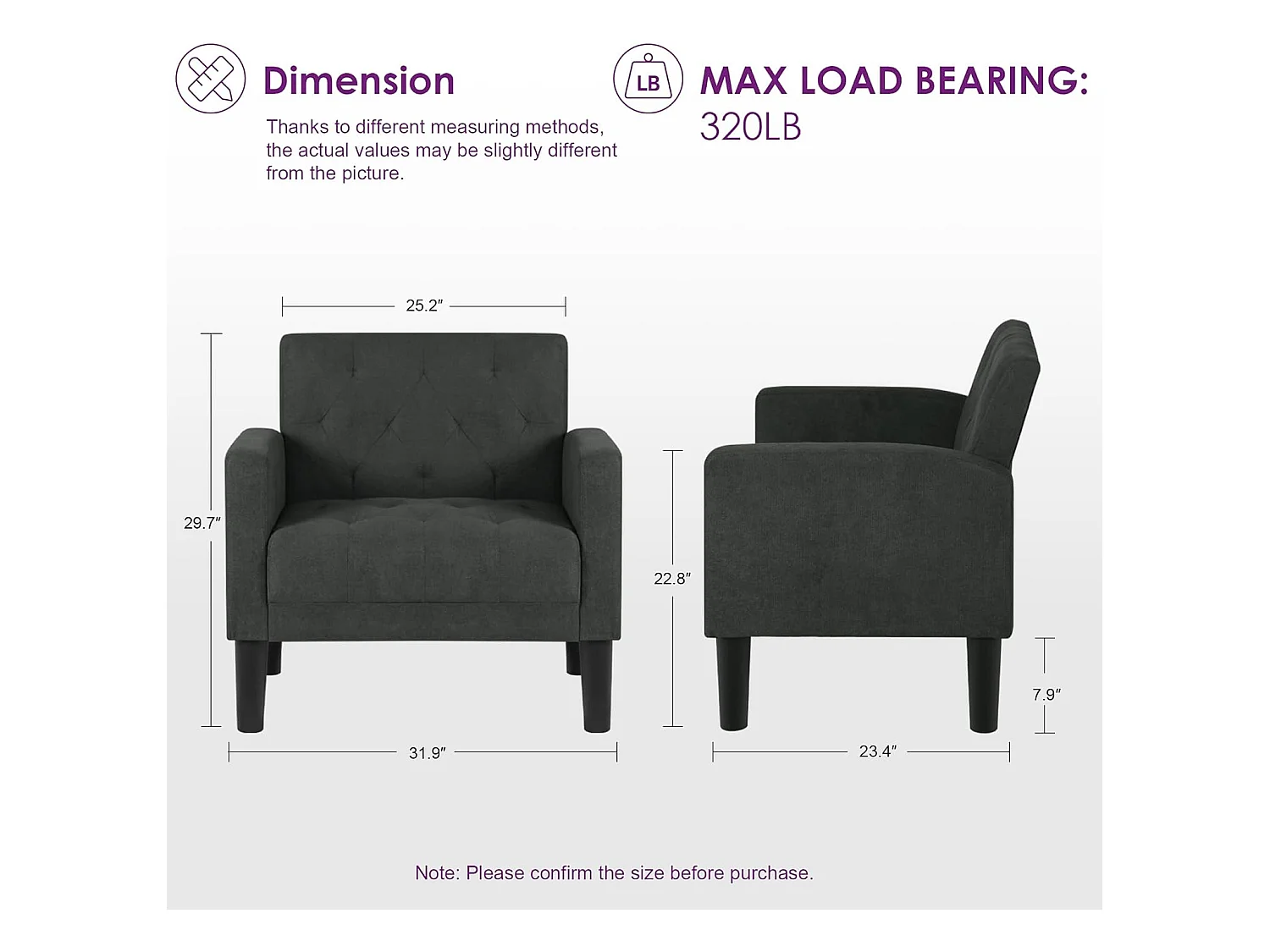 Fauteuil de Salon Moderne Canapé 1 Place avec Coussins Confortable Fauteuil Relax pour Salon Cadre en Bois Fauteuil (Gris foncé)