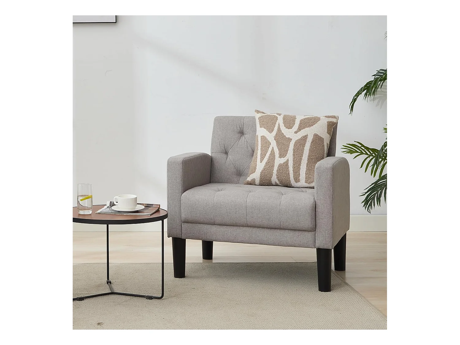 Fauteuil de Salon Style Mid-century Canapé 1 Place avec Coussins Confortable Fauteuil Relax pour Salon Cadre en Bois Fauteuil (Gris clair)