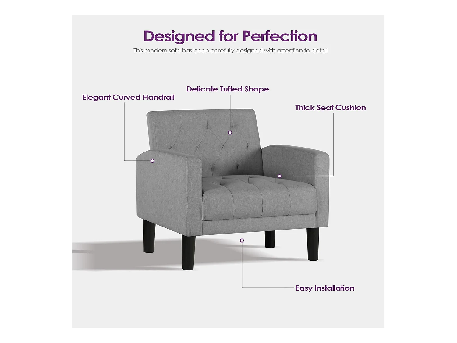 Fauteuil de Salon Style Mid-century Canapé 1 Place avec Coussins Confortable Fauteuil Relax pour Salon Cadre en Bois Fauteuil (Gris clair)