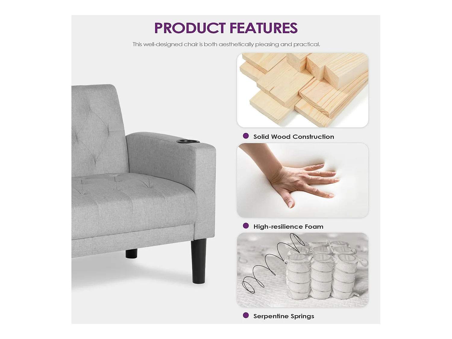 Fauteuil de Salon Style Mid-century Canapé 1 Place avec Coussins Confortable Fauteuil Relax pour Salon Cadre en Bois Fauteuil (Gris clair)