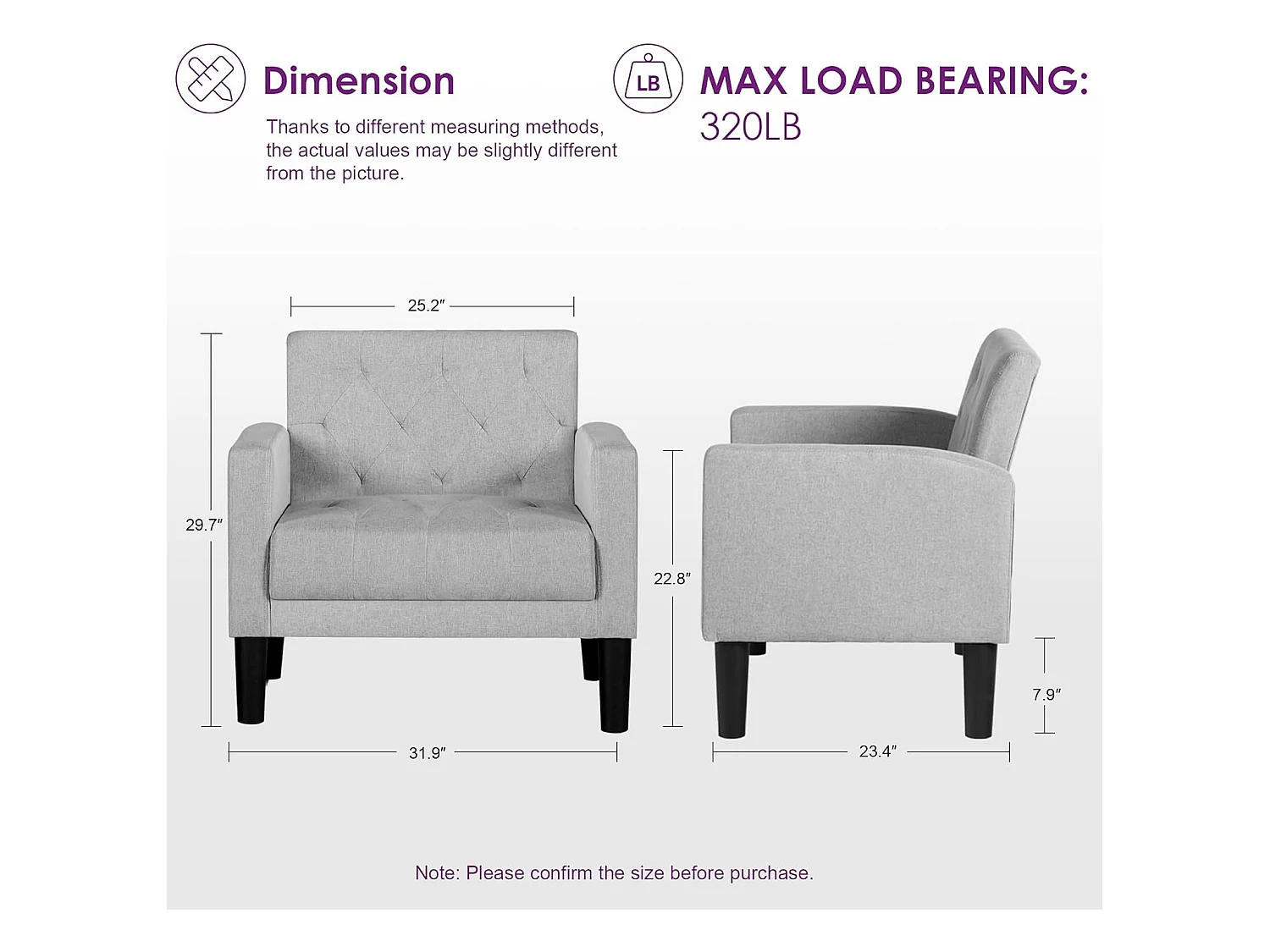 Fauteuil de Salon Style Mid-century Canapé 1 Place avec Coussins Confortable Fauteuil Relax pour Salon Cadre en Bois Fauteuil (Gris clair)