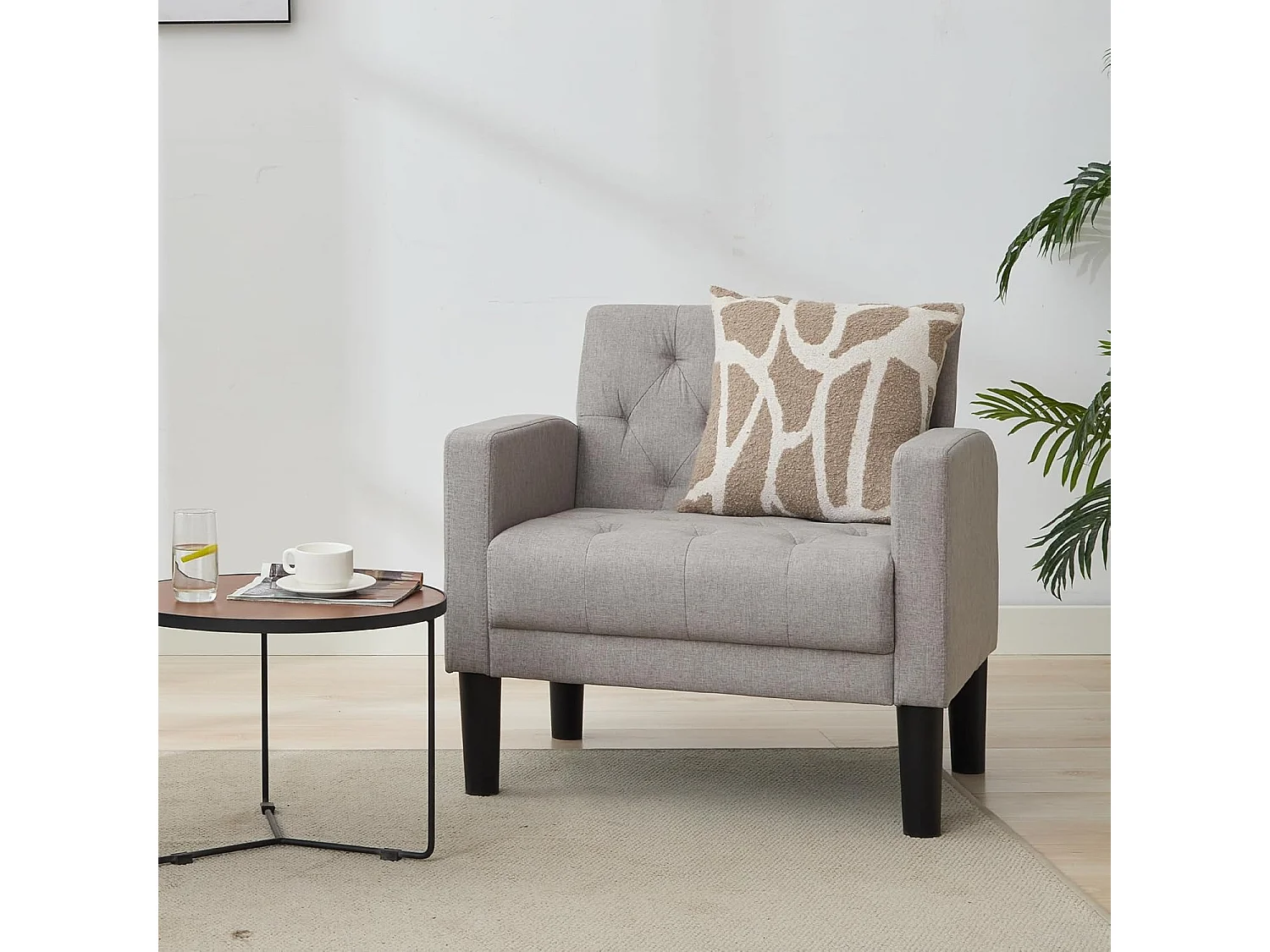 Fauteuil de Salon Style Mid-century Canapé 1 Place avec Coussins Confortable Fauteuil Relax pour Salon Cadre en Bois Fauteuil (Gris clair)