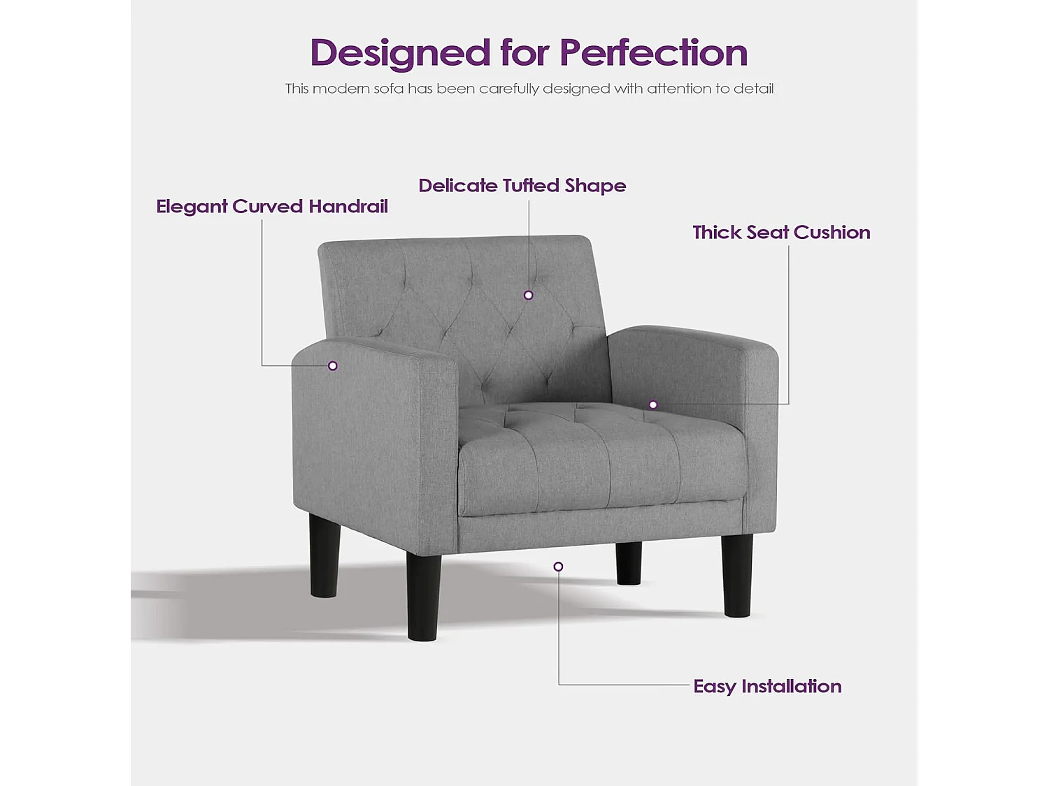 Fauteuil de Salon Style Mid-century Canapé 1 Place avec Coussins Confortable Fauteuil Relax pour Salon Cadre en Bois Fauteuil (Gris clair)