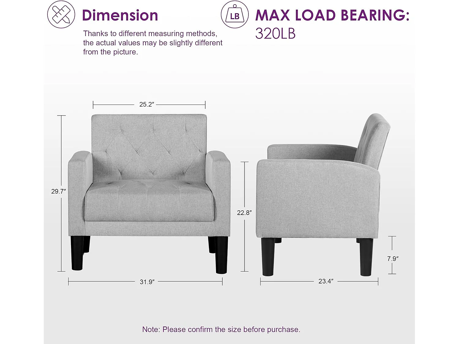Fauteuil de Salon Style Mid-century Canapé 1 Place avec Coussins Confortable Fauteuil Relax pour Salon Cadre en Bois Fauteuil (Gris clair)