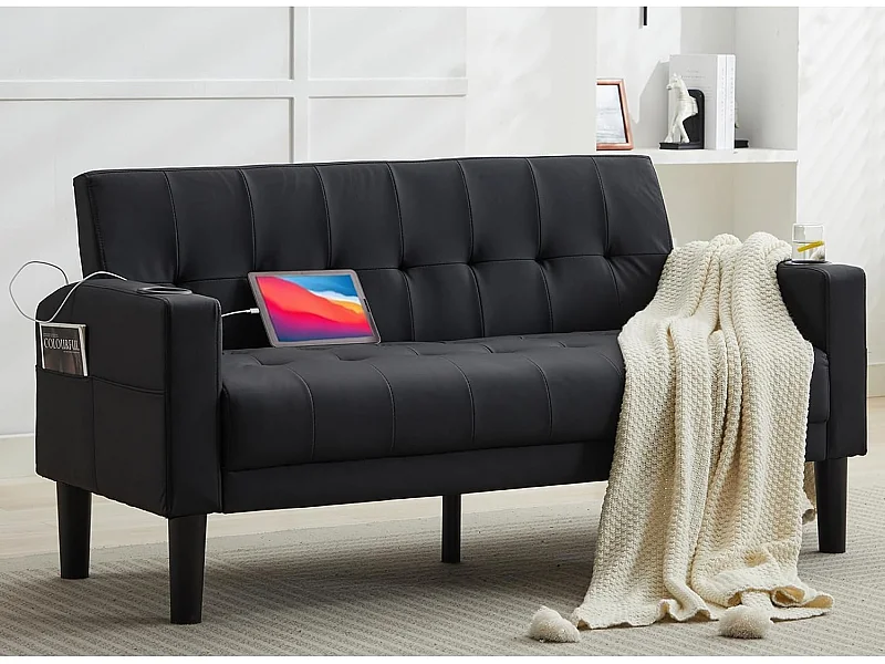 Canapé 2 Places Petit Canapé-lit Cuir PU Canapé Droit Confort en Bois Massif Canapé pour salon Noir