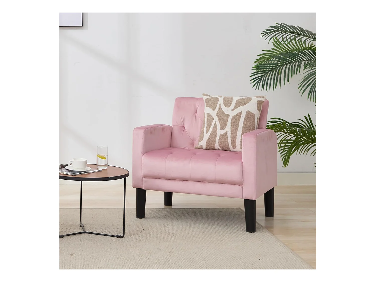 Fauteuil de Salon Style Mid-century Canapé 1 Place avec Coussins Confortable Fauteuil Relax pour Salon Cadre en Bois Fauteuil (Rose)