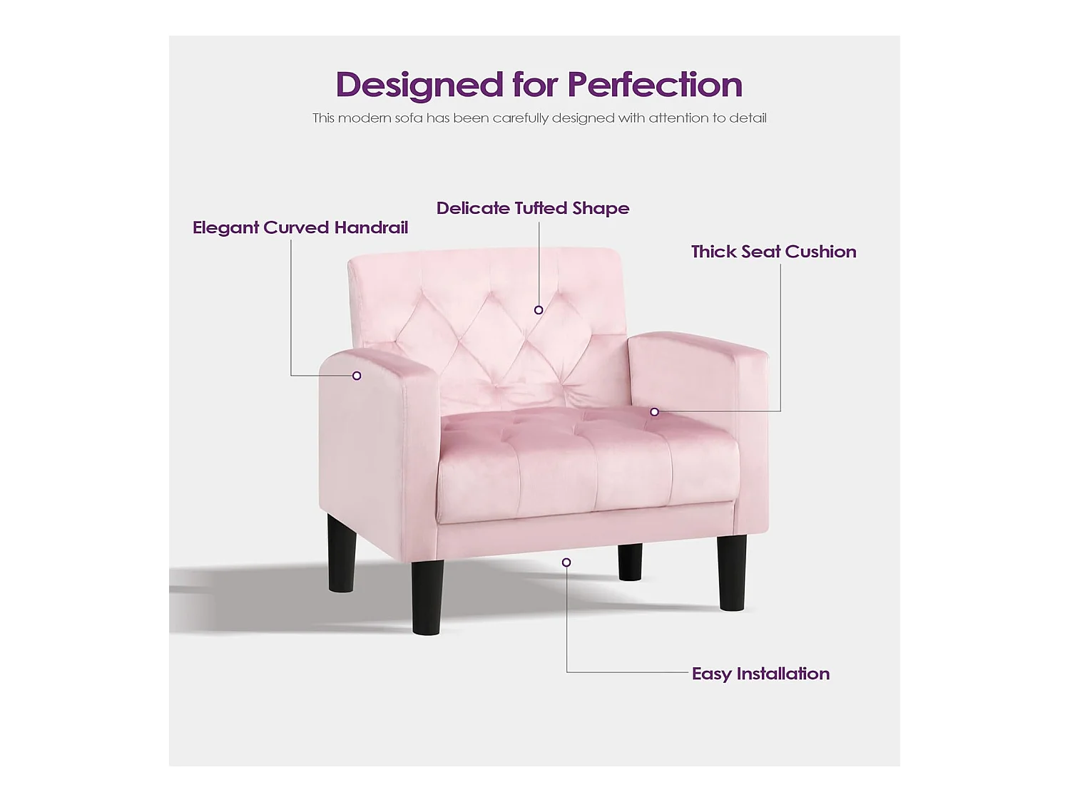 Fauteuil de Salon Style Mid-century Canapé 1 Place avec Coussins Confortable Fauteuil Relax pour Salon Cadre en Bois Fauteuil (Rose)