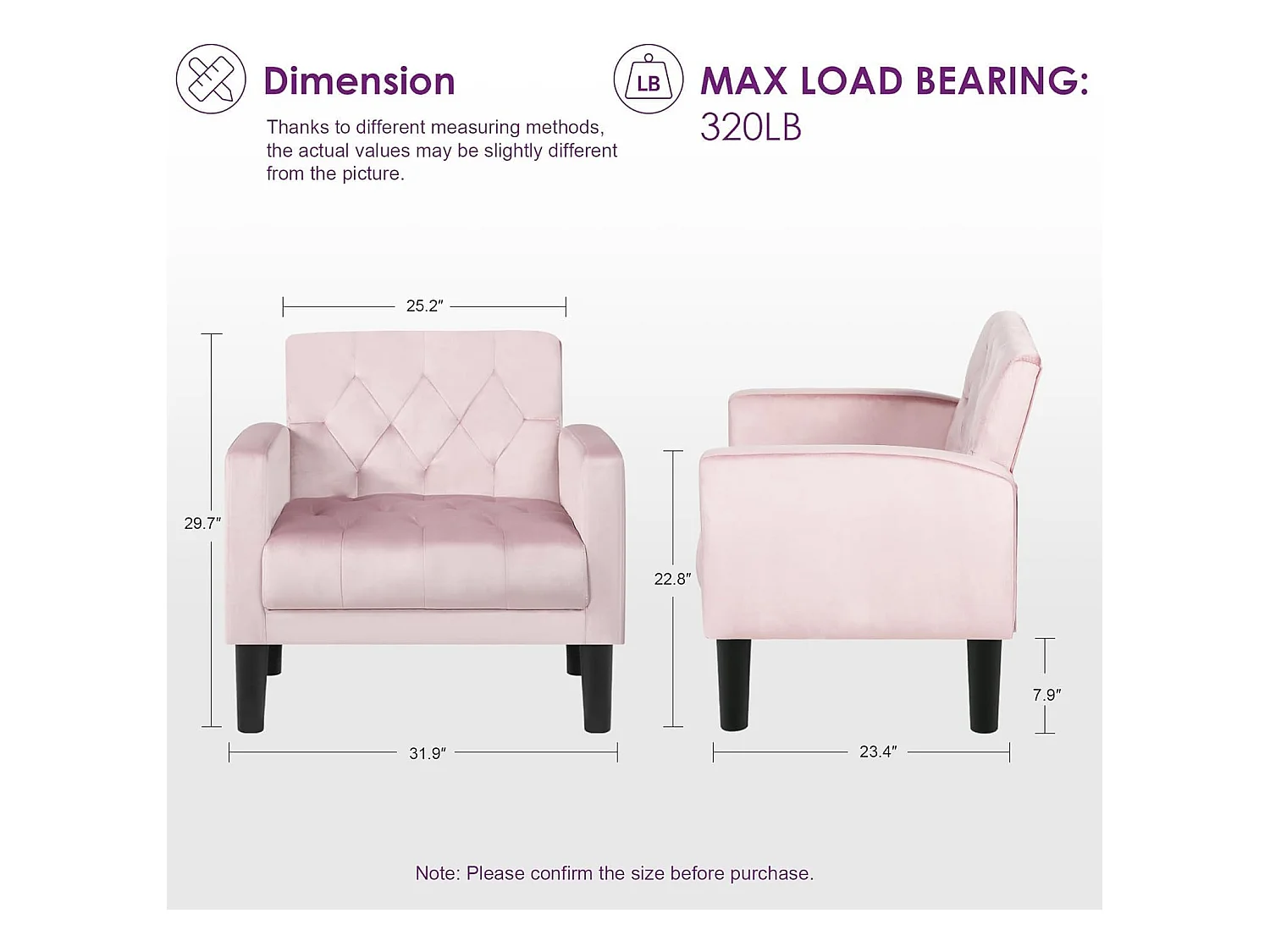 Fauteuil de Salon Style Mid-century Canapé 1 Place avec Coussins Confortable Fauteuil Relax pour Salon Cadre en Bois Fauteuil (Rose)