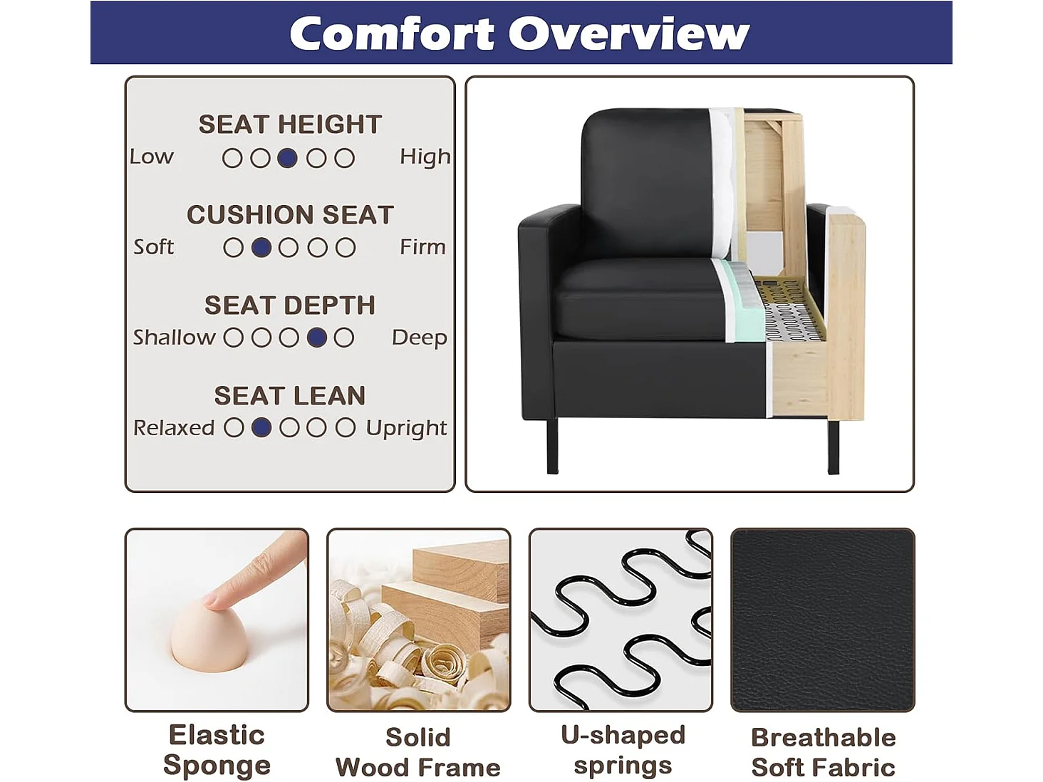 Fauteuil de Salon Fauteuil Relax avec Coussins Canapé 1 Place Confortable Canapés pour Salon Cadre en Bois Fauteuil Style Simple Noir