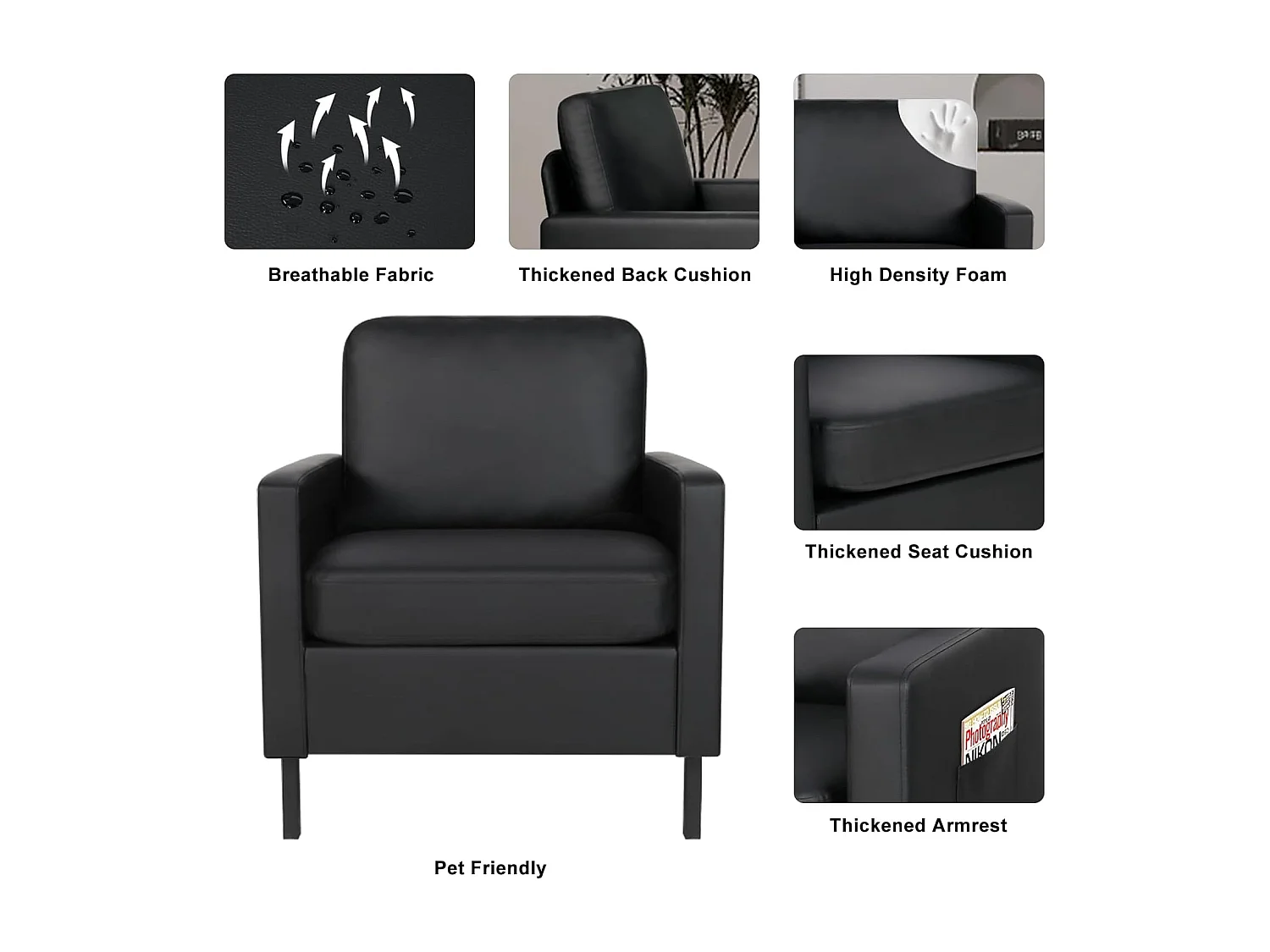 Fauteuil de Salon Fauteuil Relax avec Coussins Canapé 1 Place Confortable Canapés pour Salon Cadre en Bois Fauteuil Style Simple Noir