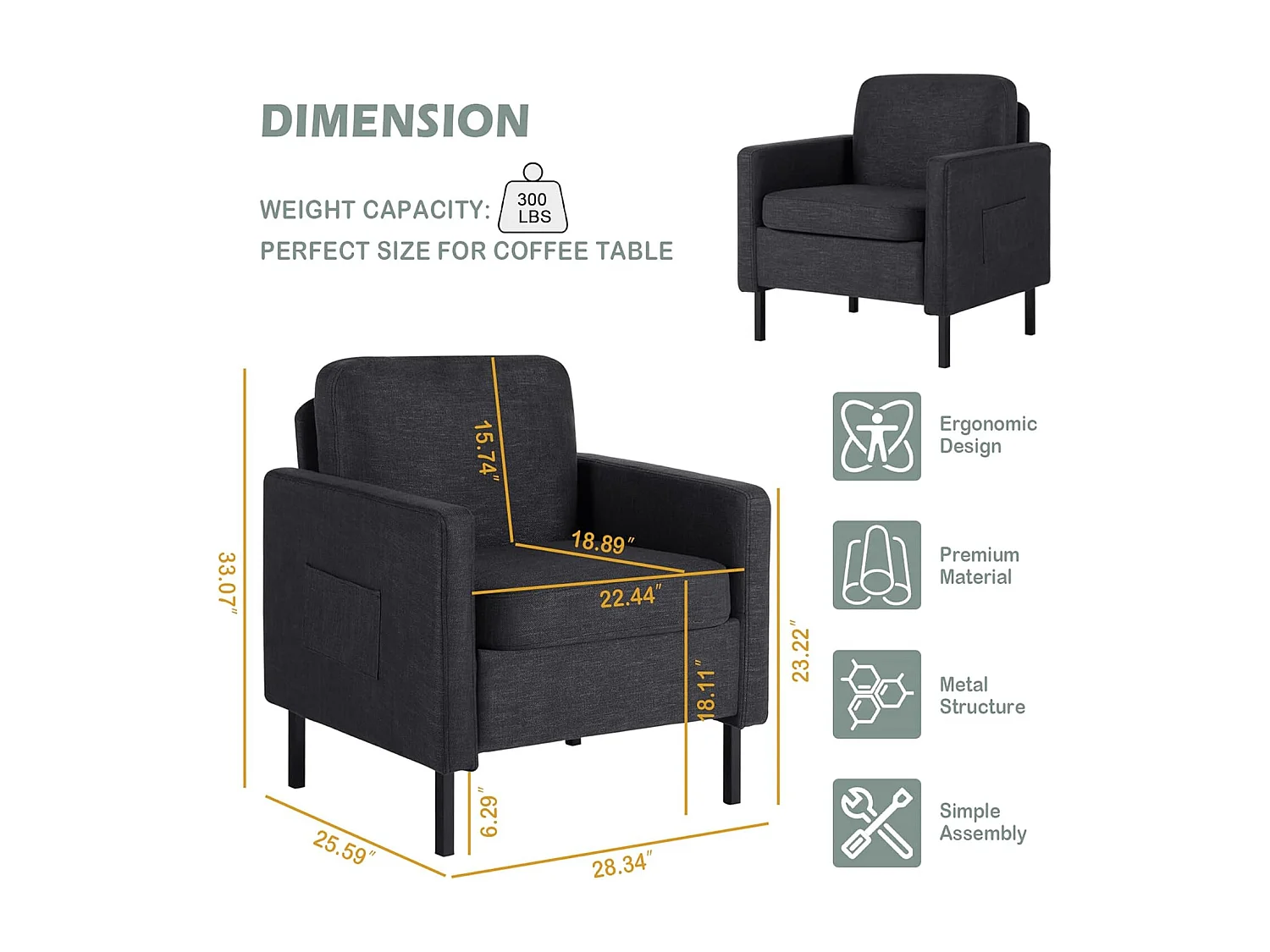 Fauteuil de Salon Fauteuil Relax avec Coussins Canapé 1 Place Confortable  Canapés pour Salon Cadre en Bois Fauteuil Style Simple Gris foncé