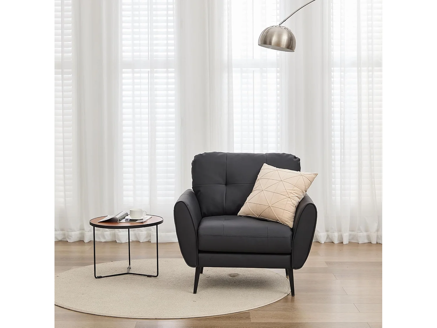 Fauteuil de Salon Style Moderne Canapé 1 Place Confortable Fauteuil Relax avec Coussins pour Salon Cadre en Bois Fauteuil Support Lombaire Noir