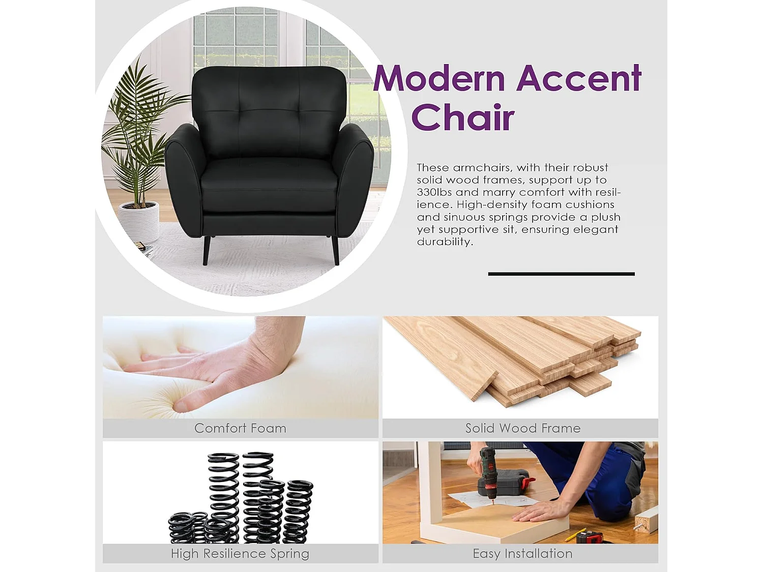 Fauteuil de Salon Style Moderne Canapé 1 Place Confortable Fauteuil Relax avec Coussins pour Salon Cadre en Bois Fauteuil Support Lombaire Noir