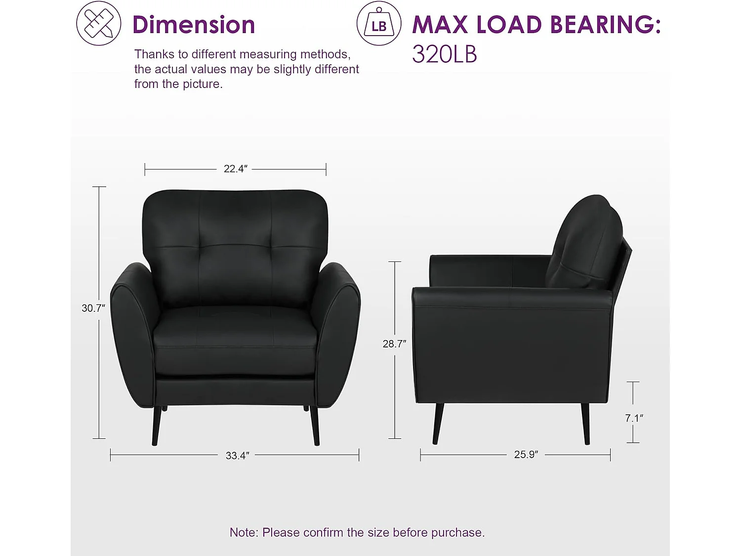 Fauteuil de Salon Style Moderne Canapé 1 Place Confortable Fauteuil Relax avec Coussins pour Salon Cadre en Bois Fauteuil Support Lombaire Noir