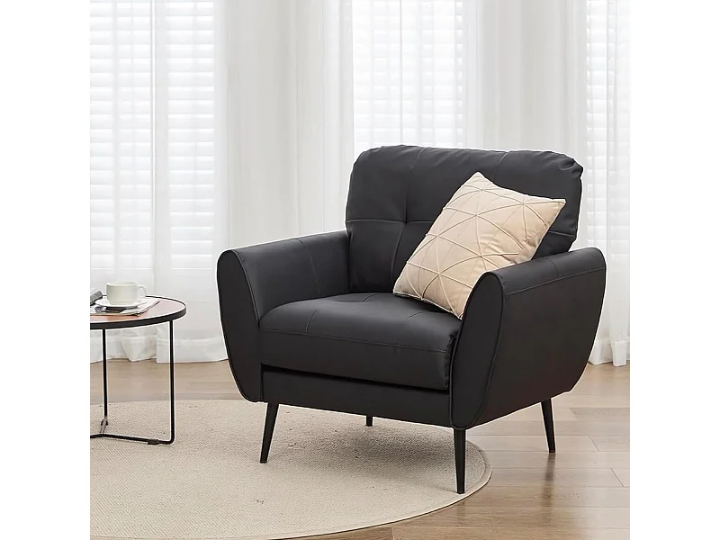 Fauteuil de Salon Style Moderne Canapé 1 Place Confortable Fauteuil Relax avec Coussins pour Salon Cadre en Bois Fauteuil Support Lombaire Noir